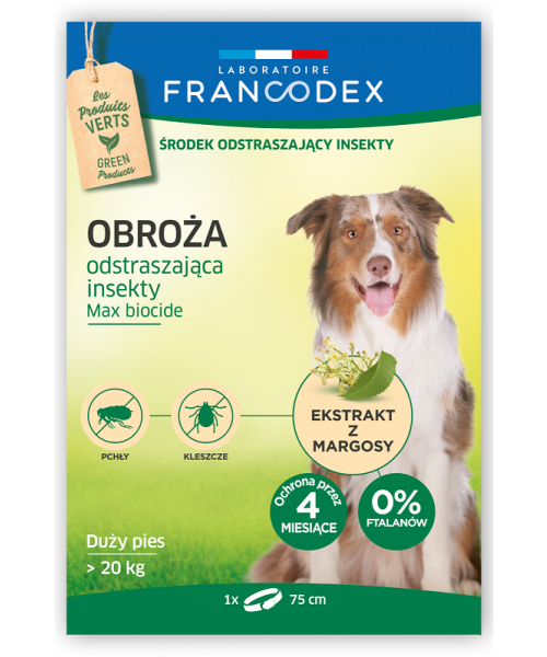 FRANCODEX - Obroża odstraszająca przeciwko pchłom i kleszczom  75 cm - dla dużych psów - powyżej 20 kg
